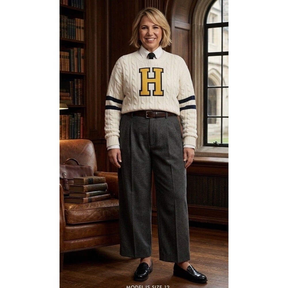 Tommy Hilfiger Cream Varsity H Crest Sweater Large Preppy Collegiate New Prep